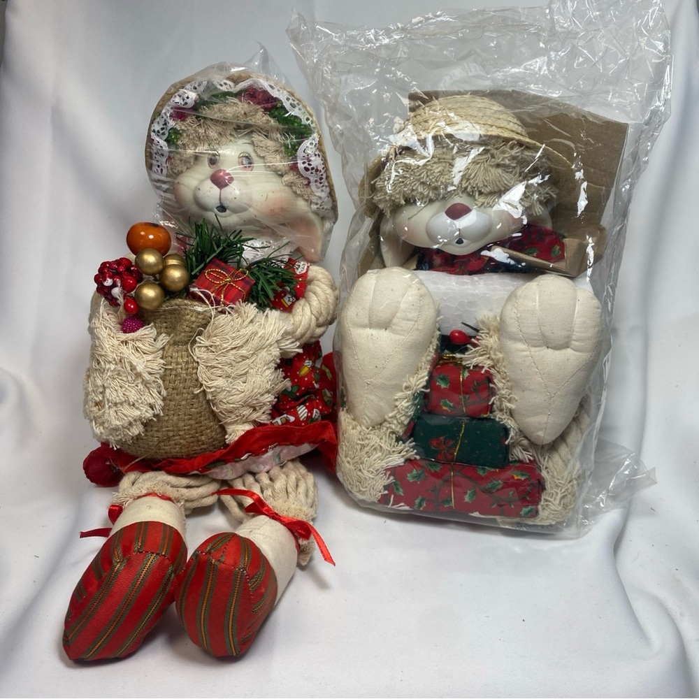 Vintage Christmas House of Lloyd "Floyd and Flossie" Mop Bunny Shelf Sitters NOS